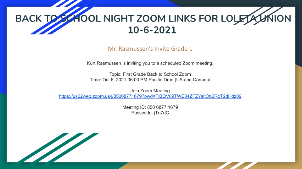 Mr. Rasmussen’s Invite Grade 1 Kurt Rasmussen is inviting you to a scheduled Zoom meeting. Topic: First Grade Back to School Zoom Time: Oct 6, 2021 06:00 PM Pacific Time (US and Canada) Join Zoom Meeting https://us02web.zoom.us/j/85068771679?pwd=TlBQV09TWE84ZFZYaitOb2RoT2dHdz09 Meeting ID: 850 6877 1679 Passcode: jTn7dC