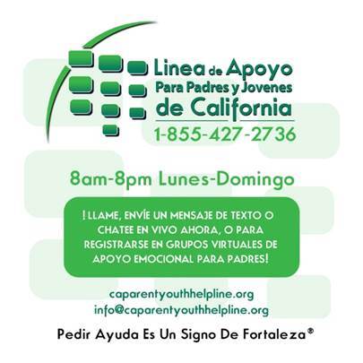 Linea de Apoyyo Para Pardres y Jovenes de California 1-855-427-2736 8am-8pm Lun-Dom